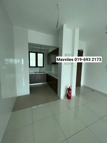 Kitchen features: white tiled walls, cream cabinetry, stainless-steel sink, chrome faucet, granite countertop, built-in oven, freestanding range oven, ceramic tile flooring, floor-to-ceiling window, fire extinguisher, recessed downlights; style: modern. Room features: white painted walls, ceramic tile flooring.