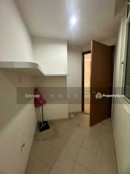 Room features: white painted walls, tile flooring, shelf on wall, door leading to another room, window with blinds, light fixture on ceiling, corner lamp, neutral color scheme; style: modern.