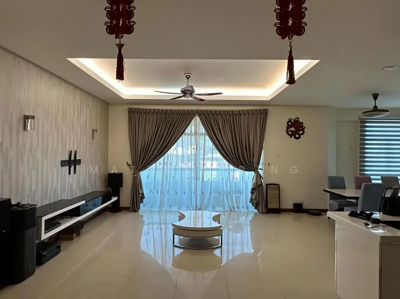 Living features: cream painted walls, white ceiling with recessed lighting, 5-blade ceiling fan with light, floor-to-ceiling windows with sheer curtains, curtains in beige, marble tile flooring, wall-mounted TV, black TV console, decorative wall art, round coffee table, area rug, decorative wall sconce; style: modern; view: city.