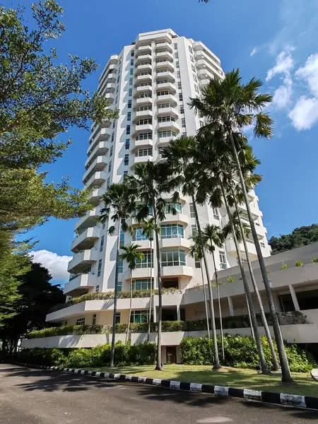 Exterior type: high-rise condominium; features: white painted facade, recessed balconies, glass windows, approximately 15-storey high-rise, manicured landscaping, palm trees, surrounded by greenery; style: modern.