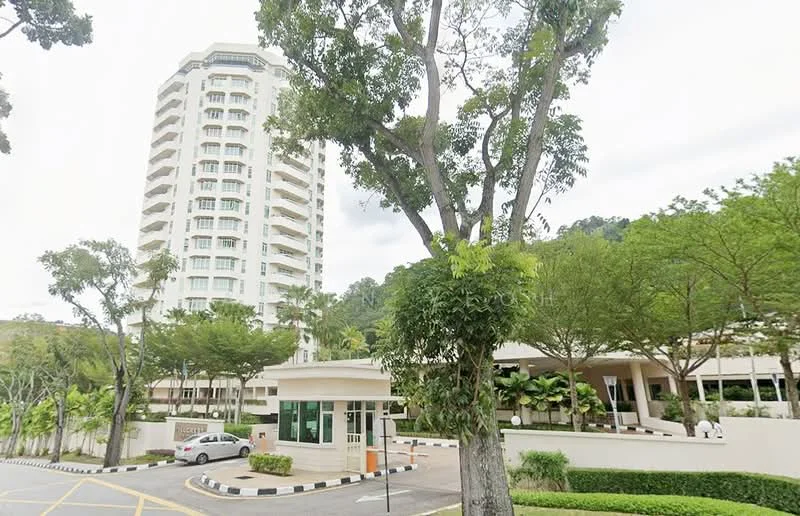 Exterior type: high-rise condominium; features: white painted facade, glass curtain wall, approximately 20-storey high-rise, manicured lawn, mature trees, paved driveway, guard house at entrance, gated entry, surrounded by mature greenery; style: modern.