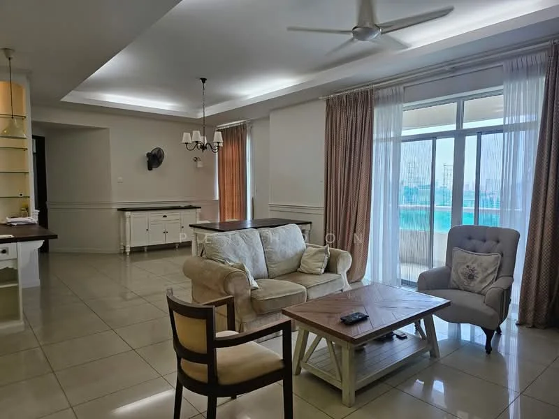 Living features: 3-seater fabric sofa in cream, wooden coffee table, armchair with upholstered seat, floor-to-ceiling windows, sheer curtains, brown drapes, ceiling fan, recessed downlights, tile flooring, wall-mounted TV, decorative wall clock, sideboard with storage; style: modern; view: city.