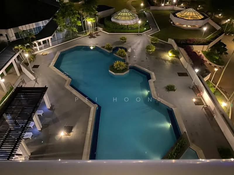 Exterior type: swimming pool deck; features: infinity pool, landscaped garden, pool deck with loungers, outdoor lighting, surrounding greenery, geometric pool shape, glass dome structures, paved walkway; style: modern.