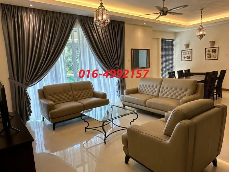 Living features: 2 beige leather sofas, glass coffee table, ceiling fan, recessed lighting, curtains with tiebacks, white painted walls, marble flooring, dining area visible in background, large windows with sheer curtains; style: modern; view: garden.