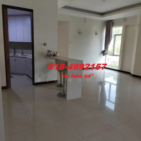 Room features: white painted walls, glossy tile flooring, recessed downlights, large windows with sheer curtains, open layout, kitchen area visible, bar counter with stool, door leading outside; style: modern; view: garden.