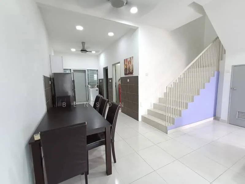 Dining features: dining table with 6 chairs, white walls, ceramic tile flooring, ceiling fan, recessed downlights, staircase with white railing, open layout, wall-mounted artwork; style: modern. Room features: grey cabinetry, kitchen appliances visible, doorway leading to other rooms.