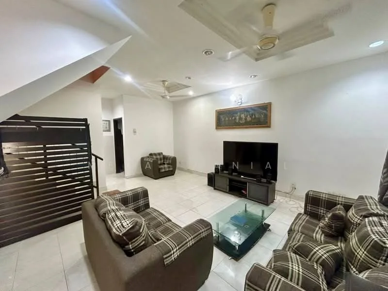 Living features: plaid fabric sofa in brown and cream, glass coffee table, wall-mounted TV, TV console, white painted walls, white tiled flooring, ceiling fan with light, recessed downlights, decorative wall art, open staircase with wooden railing; style: modern.