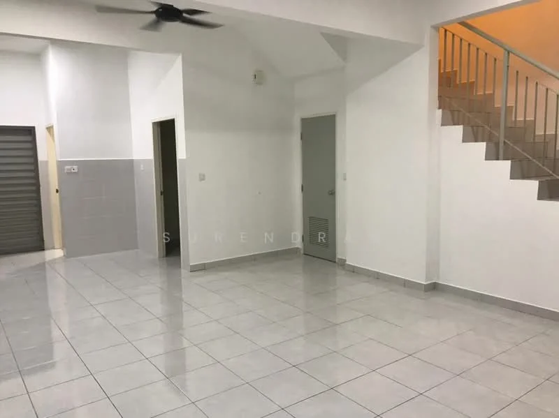 Room features: white painted walls, glossy ceramic tile flooring, ceiling fan, staircase with wooden steps, doorway leading to another room, door leading to bathroom, ventilation grille, open layout; style: modern.