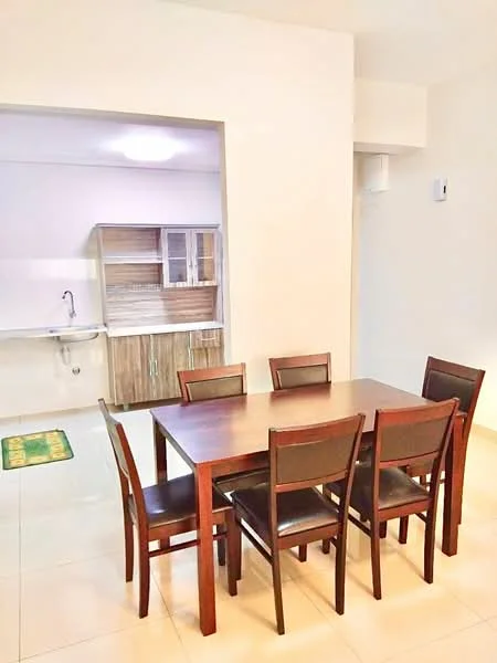 Dining features: wooden dining table with 6 chairs, cream painted walls, tile flooring, wall-mounted air conditioning unit, open kitchen area visible, single-bowl stainless-steel sink, wood cabinetry, kitchen countertop, green mat on floor; style: modern.