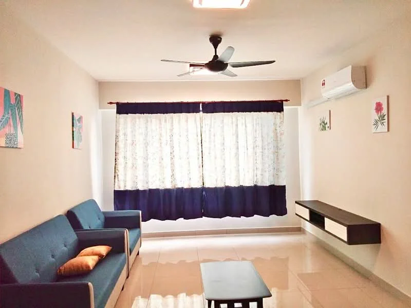 Living features: blue fabric sofa, 2-seater sofa, ceiling fan, wall-mounted air conditioning unit, white walls, cream tiled flooring, curtains with floral pattern, wall-mounted TV console, decorative wall art; style: modern.