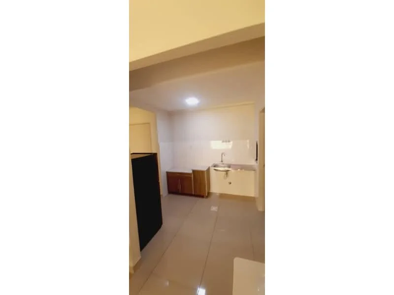 Kitchen features: white painted walls, grey tiled flooring, single-bowl stainless-steel sink, chrome pull-down faucet, wood cabinetry, countertop with backsplash, recessed downlights, built-in appliances, open layout; style: modern.