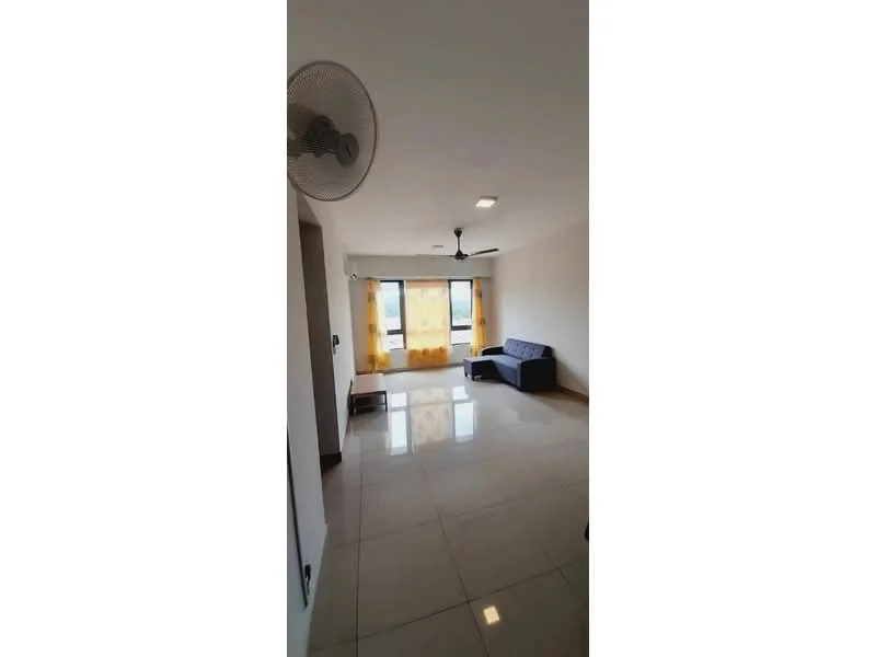 Living features: large floor-to-ceiling windows, sliding glass door, grey fabric sofa, coffee table, ceiling fan, recessed downlights, cream painted walls, glossy tile flooring, curtains, open layout; style: modern; view: city.