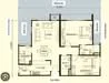 Floor plan: 3-bedroom 2-bathroom unit; features: open-plan kitchen-dining-living, master bedroom with ensuite bathroom, bedroom 2 with shared bathroom, utility room, balcony off living room, private terrace, central foyer, 1 car porch.