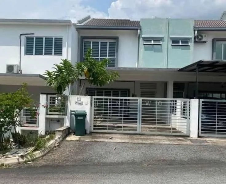 Exterior type: linked terrace house; features: white painted facade, grey accent wall, sliding glass door, metal gate, manicured landscaping, paved driveway, car porch with awning, front garden with shrubs, air conditioning unit visible, two-storey structure; style: modern.
