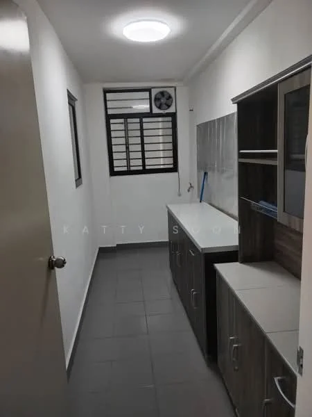Laundry features: grey tile flooring, white painted walls, ceiling light fixture, built-in cabinetry with wood finish, countertop, window with metal grille, wall-mounted fan; style: modern.