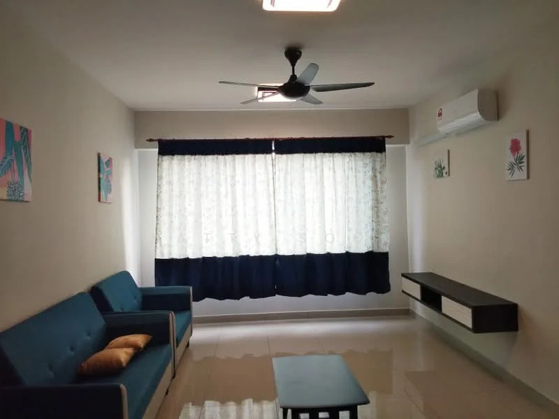 Living features: blue fabric sofa, coffee table, wall-mounted TV console, 5-blade ceiling fan with light, wall-mounted air conditioning unit, floor-to-ceiling windows, sheer curtains, decorative wall art, glossy tile flooring, neutral painted walls; style: modern.