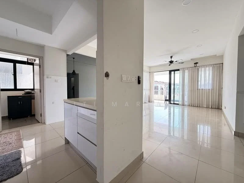 Living features: large floor-to-ceiling windows, white walls, recessed downlights, sliding glass door, cream tiled flooring, ceiling fan, curtains, open layout; style: modern; view: city. Kitchen features: white cabinetry, single-bowl stainless-steel sink, chrome pull-down faucet, countertop with breakfast bar, built-in appliances, open layout to living area; style: modern.