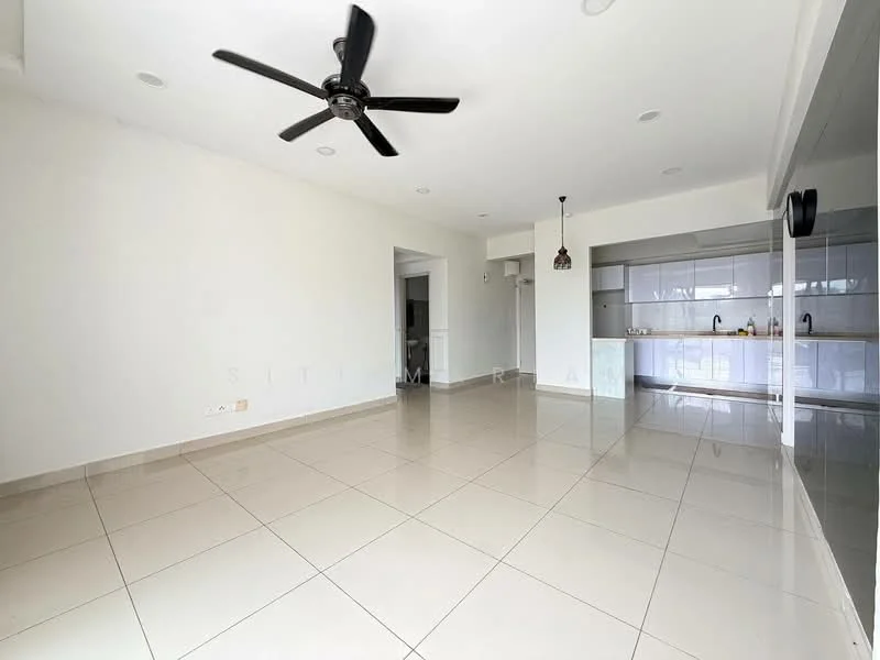 Living features: white painted walls, polished ceramic tile flooring, 5-blade ceiling fan, recessed downlights, open-plan layout, kitchen area visible, large windows for natural light, neutral color palette; style: modern. Kitchen features: white cabinetry, stainless-steel sink, built-in oven, freestanding range oven, ceramic tile backsplash, countertop with overhang, open shelving, recessed lighting; style: modern.