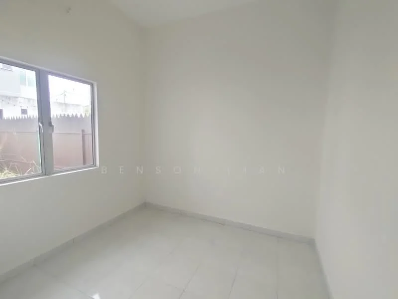Room features: white painted walls, tile flooring, single window, natural light, no visible furniture, plain ceiling, neutral color scheme.