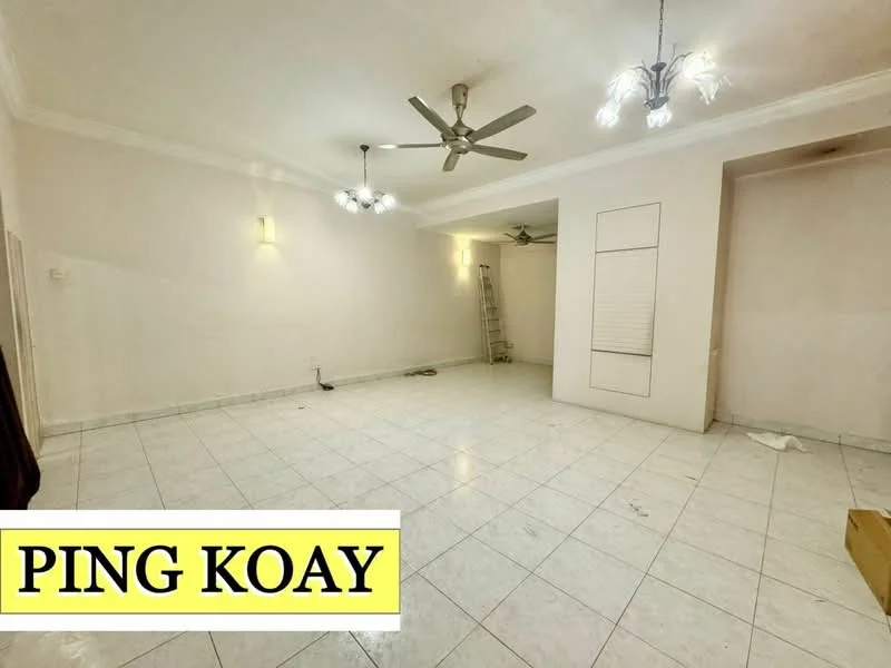 Living features: white painted walls, white ceiling with crown moulding, marble tile flooring, 2 ceiling fans, 3 pendant lights, built-in wall cabinet, ladder visible, open layout; style: modern.