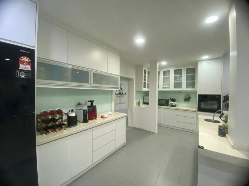 Kitchen features: white cabinetry with flat-panel doors, light-colored countertop, stainless-steel fridge, built-in microwave, built-in oven, ceramic tile flooring, recessed LED downlights, glass backsplash, kitchen island, open shelving, kitchen appliances visible, sink with faucet; style: modern.
