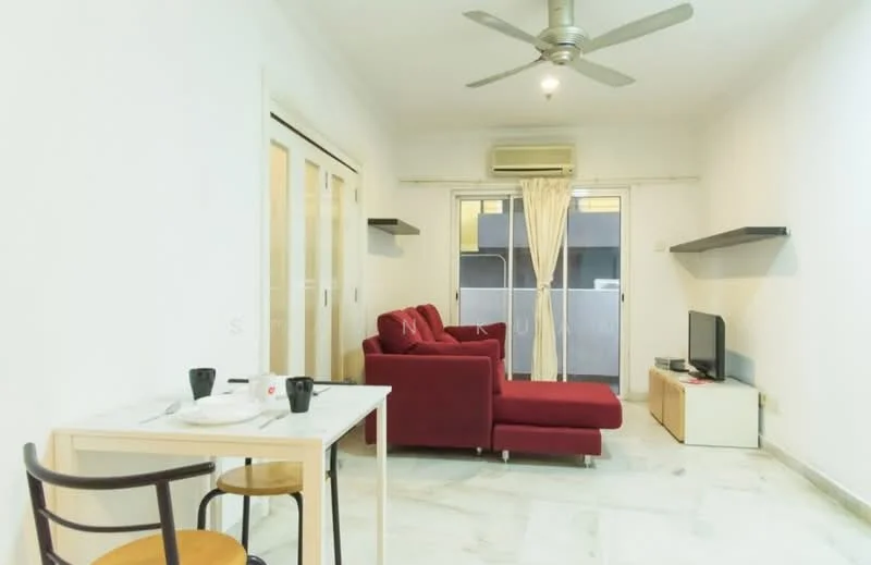 Living features: red L-shape sectional sofa, coffee table, wall-mounted TV, TV console, floor-to-ceiling windows, curtains, marble flooring, ceiling fan, wall-mounted shelves, air conditioning unit; style: modern.