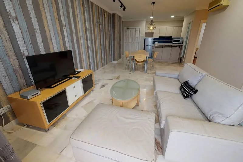 Living features: light-colored fabric sectional sofa, coffee table with circular glass top, TV console with wooden cabinetry, wall-mounted flat-screen TV, marble flooring, decorative wall with wooden panels, recessed ceiling lights, air conditioning unit, dining area with wooden table and chairs; style: modern.
