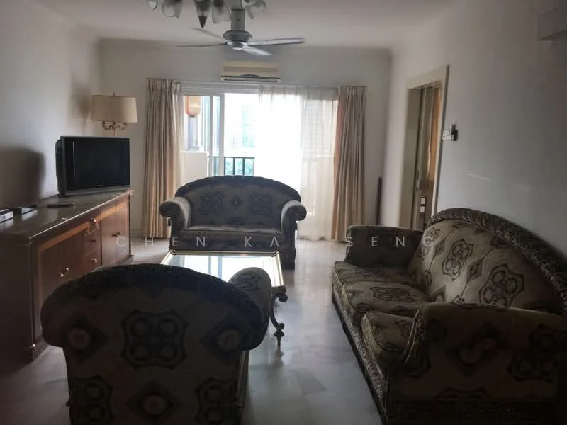 Living features: 3-seater sofa with patterned upholstery, 2-seater sofa with patterned upholstery, coffee table, TV console, wall-mounted TV, ceiling fan with light, curtains, floor-to-ceiling windows, marble flooring, air conditioning unit; style: traditional.