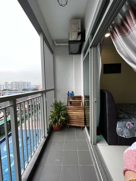 Room features: balcony, grey tiled flooring, metal railing, potted plant, wooden folding chair, air conditioning unit, sliding glass door, curtains; style: modern; view: city.