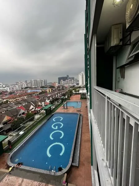 Balcony features: view of city skyline, grey tiled flooring, metal railing, overhead ceiling lights, air conditioning unit, pool view, outdoor space; style: modern; view: city.