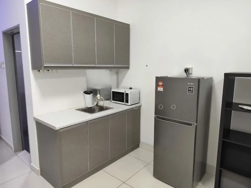 Kitchen features: grey cabinetry, white countertop, stainless-steel sink, chrome pull-down faucet, built-in microwave, freestanding fridge, ceramic tile flooring, white painted walls, wall-mounted shelving; style: modern.