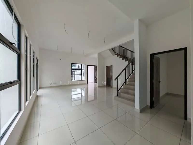 Living features: white painted walls, glossy ceramic tile flooring, large floor-to-ceiling windows, staircase with metal railing, recessed downlights, open layout, high ceiling, neutral color scheme; style: modern.