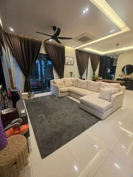 Living features: L-shape sectional sofa in beige, area rug in grey, ceiling fan with light, recessed downlights, floor-to-ceiling windows with sheer curtains, sliding glass door, decorative mirror, TV console, wall-mounted TV, coffee table, dark wood cabinetry, decorative plants, crown moulding, cream painted walls, polished tile flooring; style: modern; view: garden.