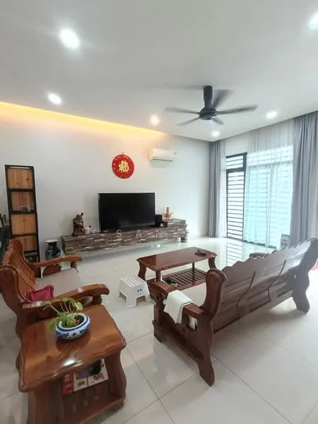 Living features: 3-seater wooden sofa, 2-seater wooden sofa, wooden coffee table, TV console, wall-mounted TV, ceiling fan, recessed LED downlights, floor-to-ceiling windows, sheer curtains, light-colored walls, white tiled flooring, decorative wall art, potted plant on table, small white stool; style: modern.