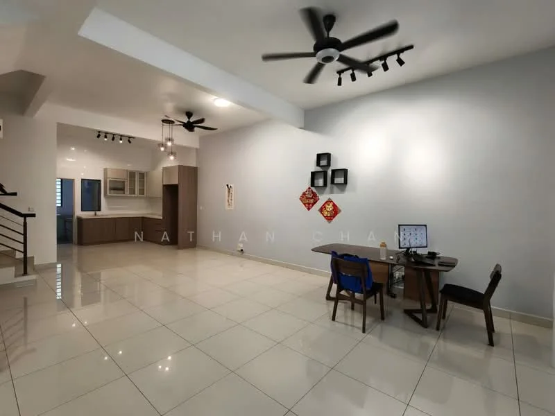Living features: white painted walls, glossy ceramic tile flooring, 5-blade ceiling fan with light, recessed downlights, large windows for natural light, open layout, dining area adjacent, study desk with chair, decorative wall art, neutral color scheme; style: modern.