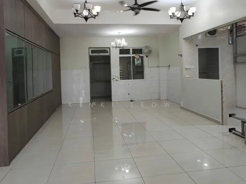 Room features: white painted walls, glossy ceramic tile flooring, 5-blade ceiling fan with light, chandelier, wall-mounted air conditioning unit, large glass windows, open layout, built-in cabinetry, white tiled backsplash, recessed lighting; style: modern.