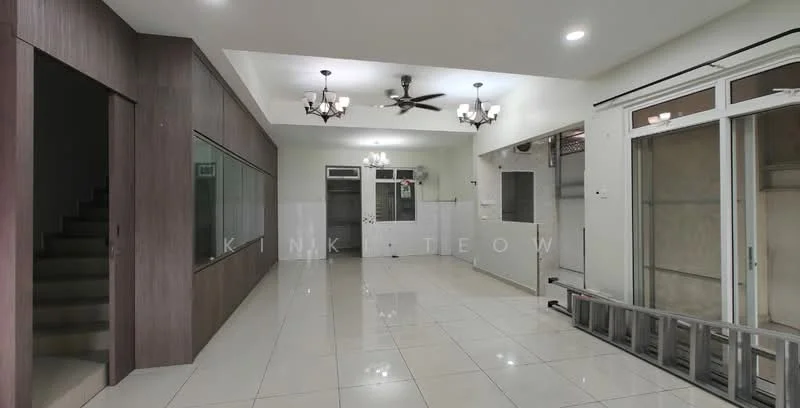 Room features: white painted walls, glossy ceramic tile flooring, ceiling with recessed downlights, 5-blade ceiling fan, multiple chandeliers, large windows, open layout, staircase visible in background, glass door, partition wall, ladder visible; style: modern.