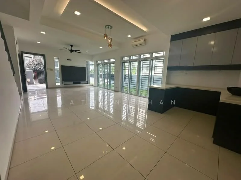 Living features: white painted walls, glossy tile flooring, tray ceiling with recessed lighting, 5-blade ceiling fan, floor-to-ceiling windows, sliding glass door, built-in TV console, open layout, natural light, neutral color scheme, wall-mounted air conditioning unit; style: modern; view: garden. Kitchen features: white cabinetry, black countertop, stainless-steel sink, chrome pull-down faucet, built-in appliances, open layout to living area; style: modern.