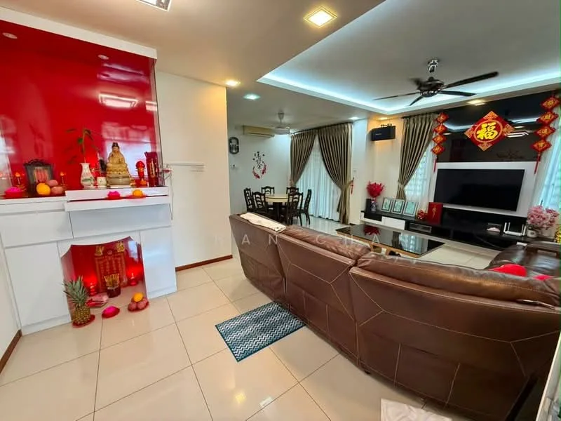 Living features: brown leather sectional sofa, coffee table, wall-mounted TV, TV console, decorative wall with red paint, white tiled flooring, ceiling fan, curtains, decorative wall art, Buddha statue, offerings on the shelf, area rug, dining area visible in background; style: contemporary.