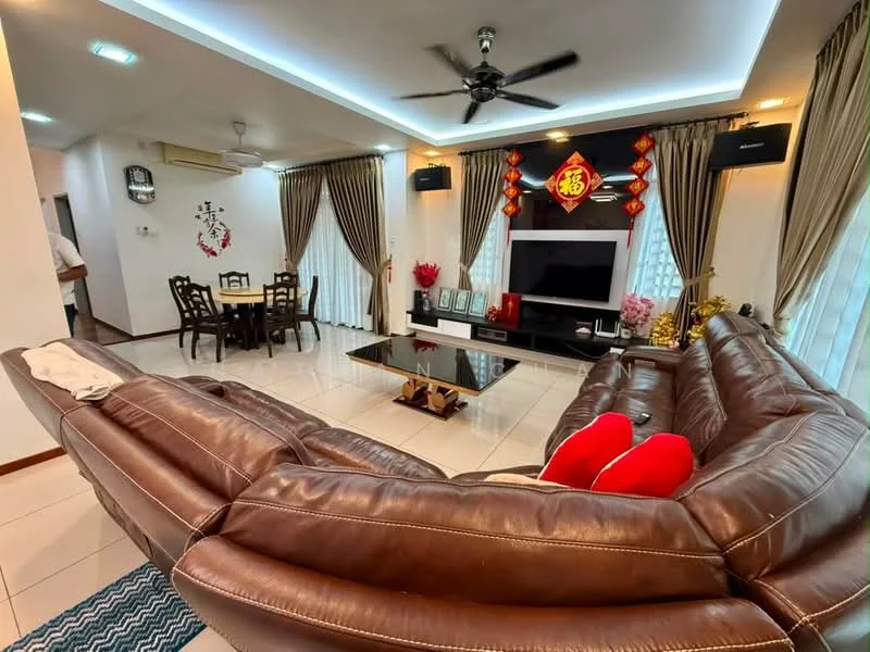 Living features: L-shape sectional leather sofa in brown, red accent pillows, coffee table with glass top, wall-mounted TV, entertainment unit, recessed downlights, ceiling fan with light, decorative wall art, curtains with floral pattern, white tiled flooring, decorative plants, wall-mounted speakers; style: contemporary. Dining features: 4-seater dining table, wooden dining chairs, decorative wall art, white tiled flooring; style: contemporary.