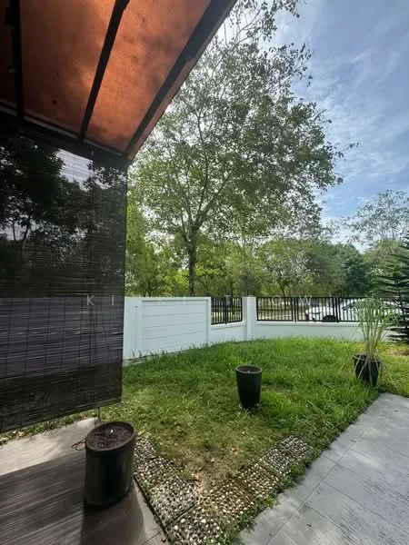 Exterior features: manicured lawn, mature trees, stone-paved walkway, white fence, outdoor planters, grass area, clear blue sky; style: modern.