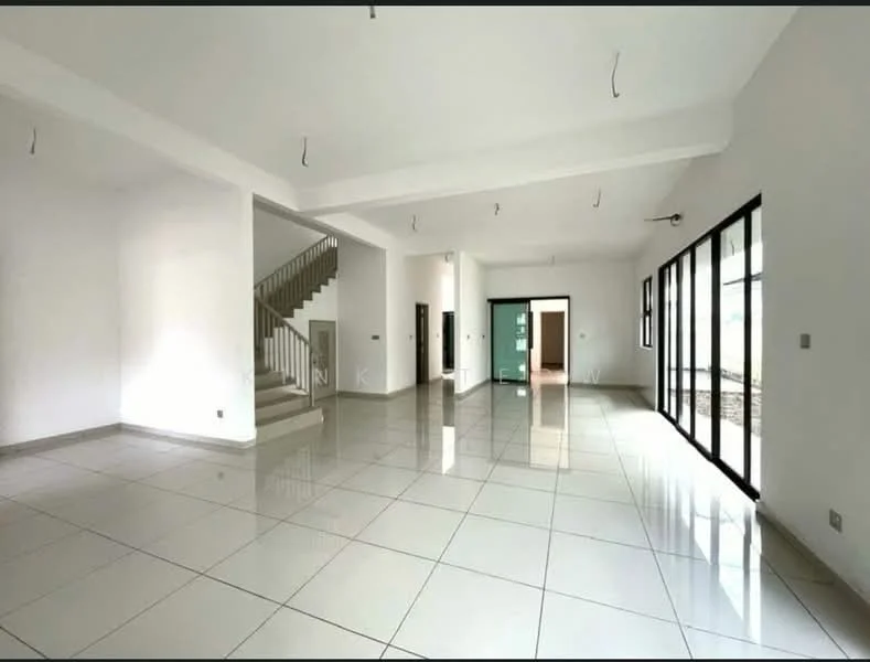 Room features: white painted walls, polished ceramic tile flooring, exposed ceiling with hanging light fixtures, large floor-to-ceiling windows, staircase with wooden handrail, double doors leading to outdoor area, open layout, neutral color scheme; style: modern; view: garden.