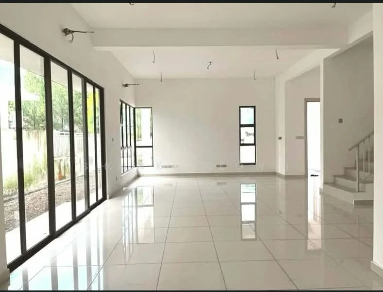 Living features: white painted walls, glossy white tile flooring, floor-to-ceiling windows, sliding glass door, recessed downlights, multiple light fixtures, open layout, staircase visible; style: modern; view: garden.