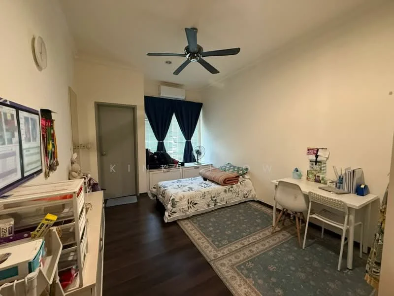 Bedroom features: queen-size bed with floral bedding, wooden flooring, white painted walls, ceiling fan, large window with sheer curtains, study desk with chair, area rug with floral pattern, built-in wardrobe, decorative wall clock; style: modern.