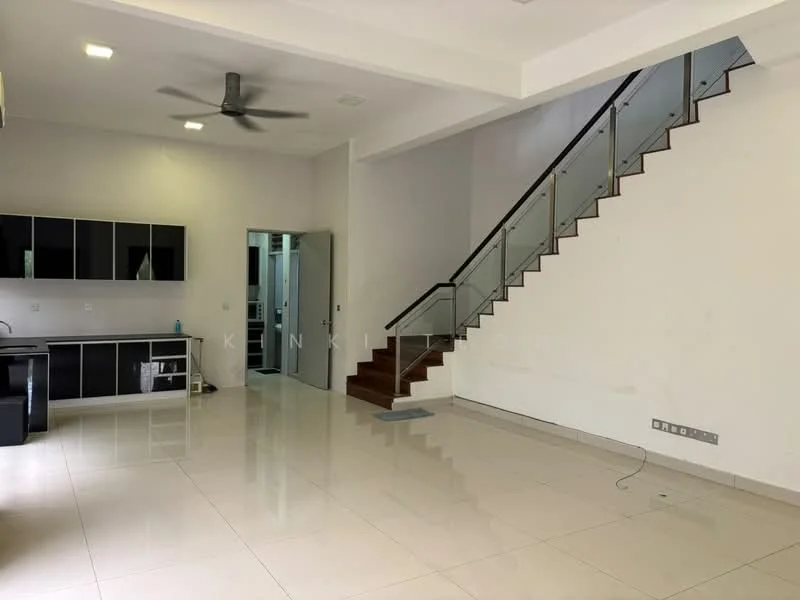 Living features: white painted walls, polished tile flooring, 5-blade ceiling fan, staircase with glass railing, open layout, kitchenette area with black cabinetry, recessed lighting, doorway leading to other rooms; style: modern.