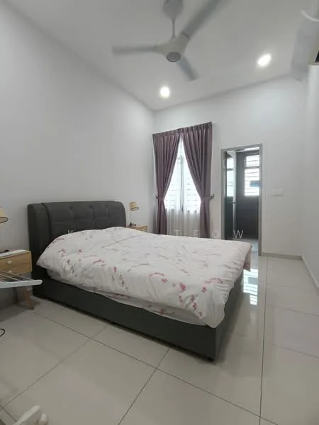 Bedroom features: king-size bed with upholstered headboard, white bedding with floral pattern, 2 bedside lamps, floor-to-ceiling window with sheer curtains, grey accent wall, white painted walls, recessed ceiling lights, ceiling fan, glossy tile flooring; style: modern; view: city.