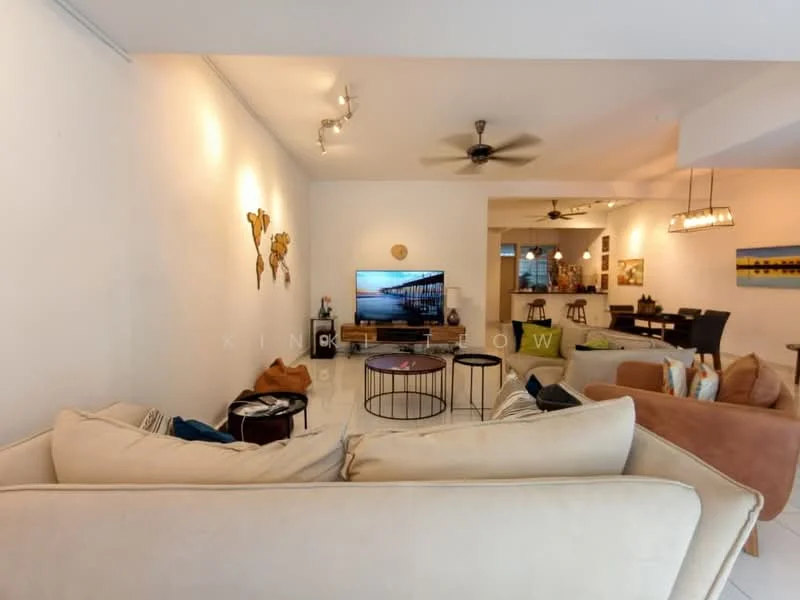 Living features: white painted walls, tile flooring, 5-blade ceiling fan, sofa in beige fabric, coffee table, wall-mounted TV, decorative wall art, area rug with geometric pattern; style: modern. Dining features: dining table, upholstered dining chairs, pendant lighting; style: modern.