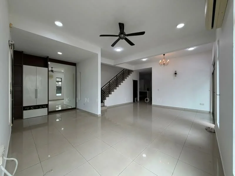 Living features: white painted walls, glossy tile flooring, 5-blade ceiling fan with light, chandelier, staircase with metal railing, built-in cabinetry, large windows, air conditioning unit; style: modern.