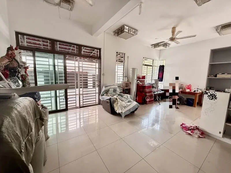 Living features: white painted walls, polished tile flooring, 5-blade ceiling fan, large windows with wooden frames, natural light from windows, decorative items on furniture, dining table, sofa, multiple seating areas.