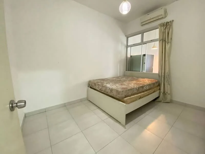 Bedroom features: single bed with mattress, white painted walls, tile flooring, window with sheer curtains, wall-mounted split AC, ceiling light fixture, built-in wardrobe, neutral color scheme; style: minimalist.